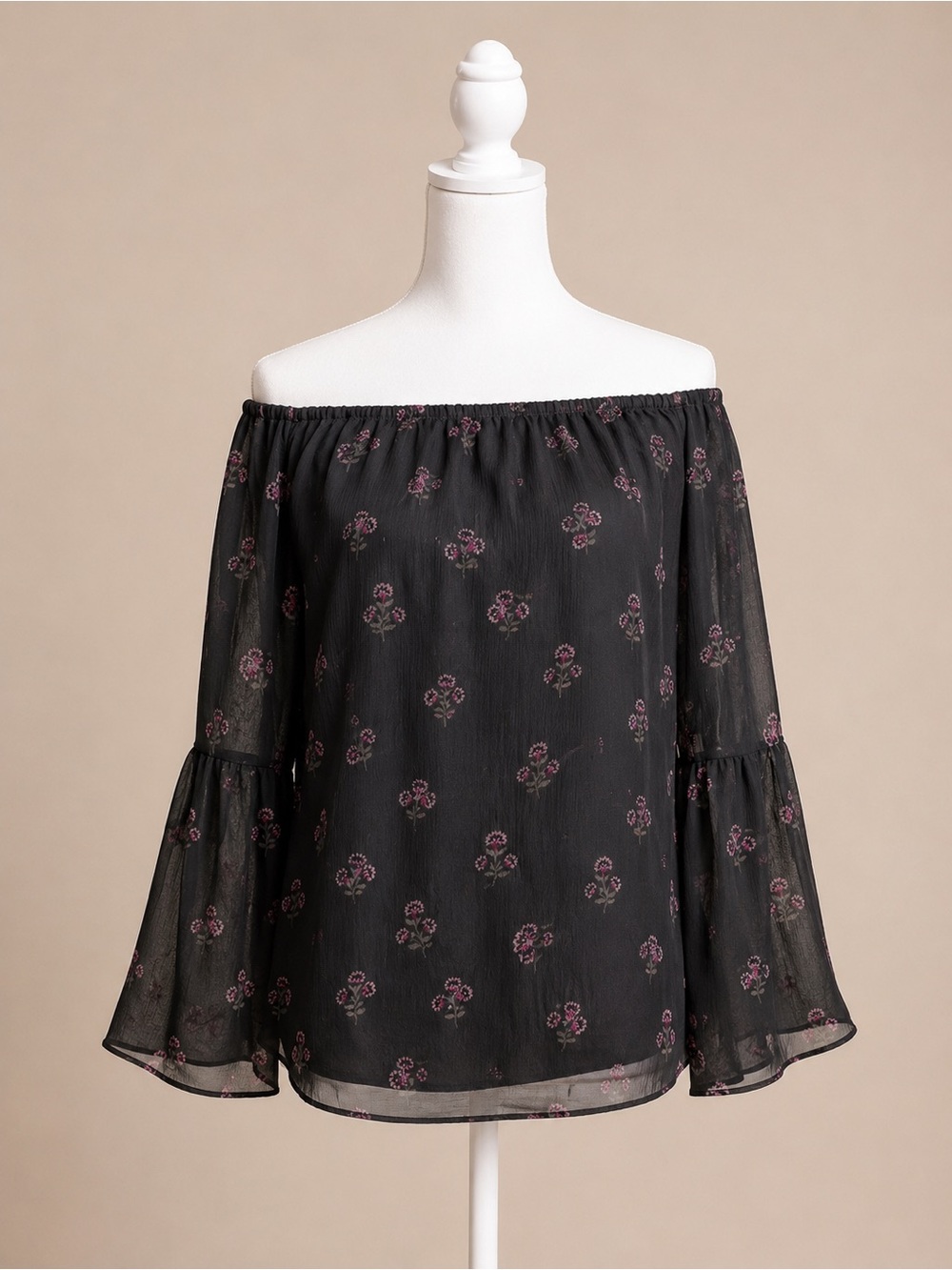 White House Black Market XL Sheer Floral Off Shoulder Blouse Bell Sleeve Black